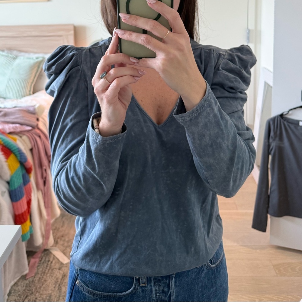 Long sleeve v neck blouse with ruffle shoulders